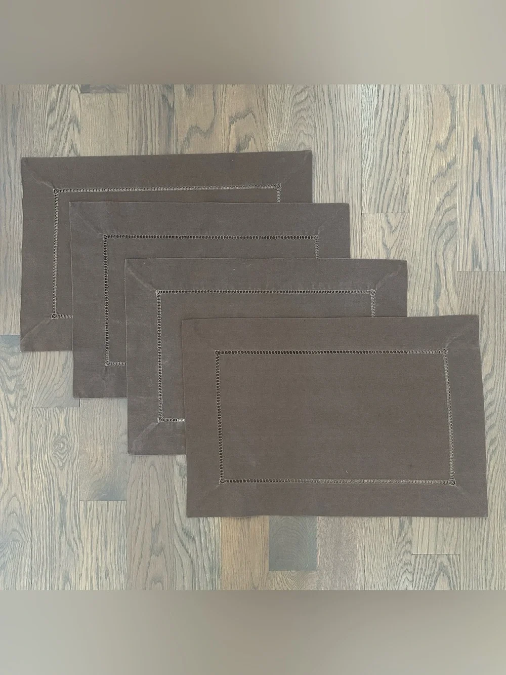 Set of 4 Vintage Rectangular Linen Blend Hemstitch Placemats in Brown 20
